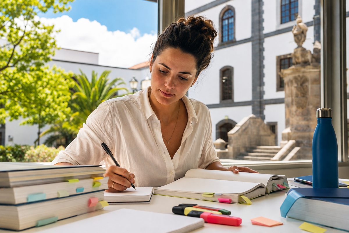 Alumna estudiando con libros de oposiciones